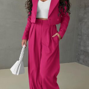 PRETTYGARDEN Women's 2 Piece Casual Outfits Cropped Blazer Jackets High Waisted Wide Leg Work Pants Suit Set (Rose Red,Large)