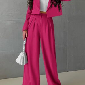 PRETTYGARDEN Women's 2 Piece Casual Outfits Cropped Blazer Jackets High Waisted Wide Leg Work Pants Suit Set (Rose Red,Large)