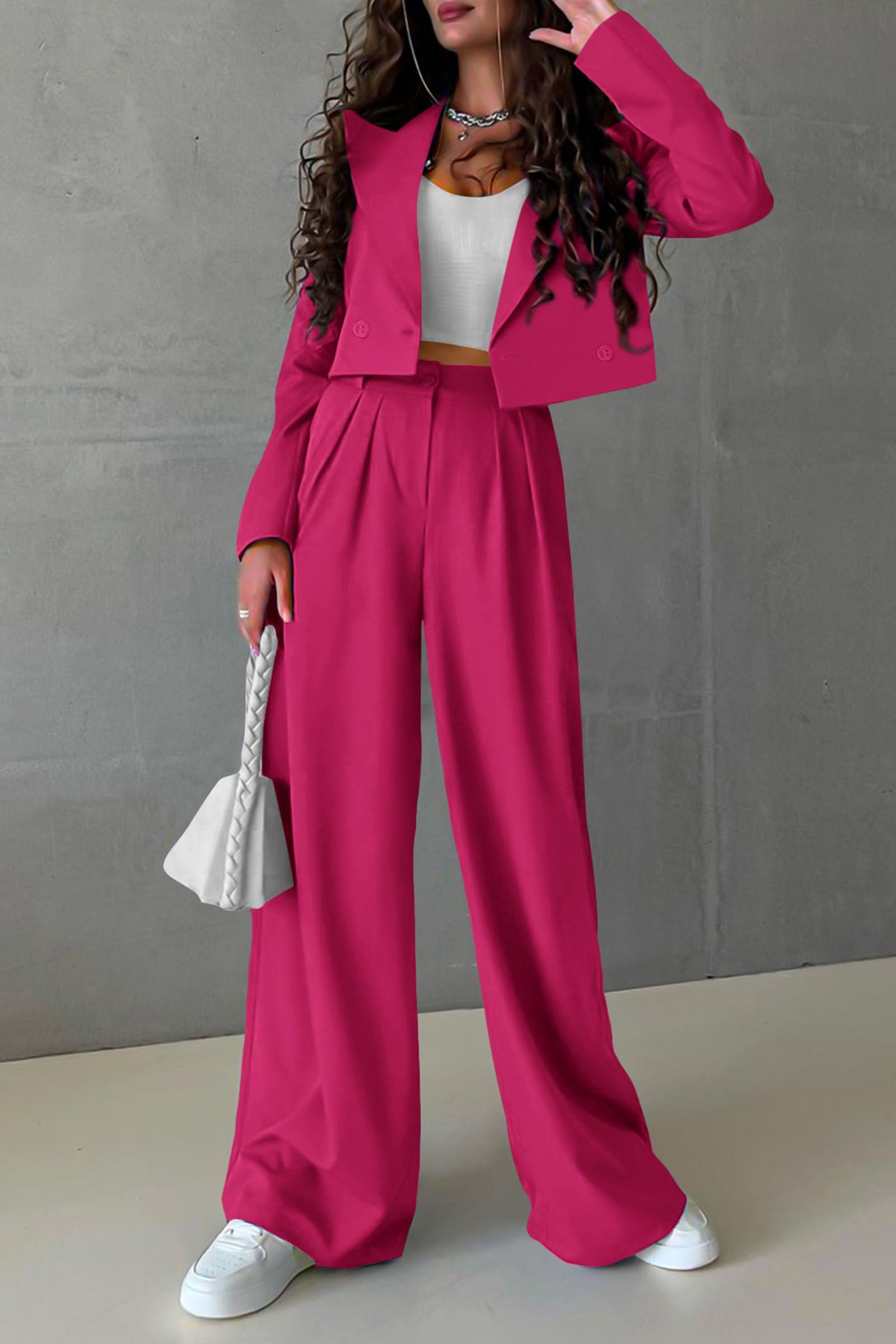 PRETTYGARDEN Women's 2 Piece Casual Outfits Cropped Blazer Jackets High Waisted Wide Leg Work Pants Suit Set (Rose Red,Large)