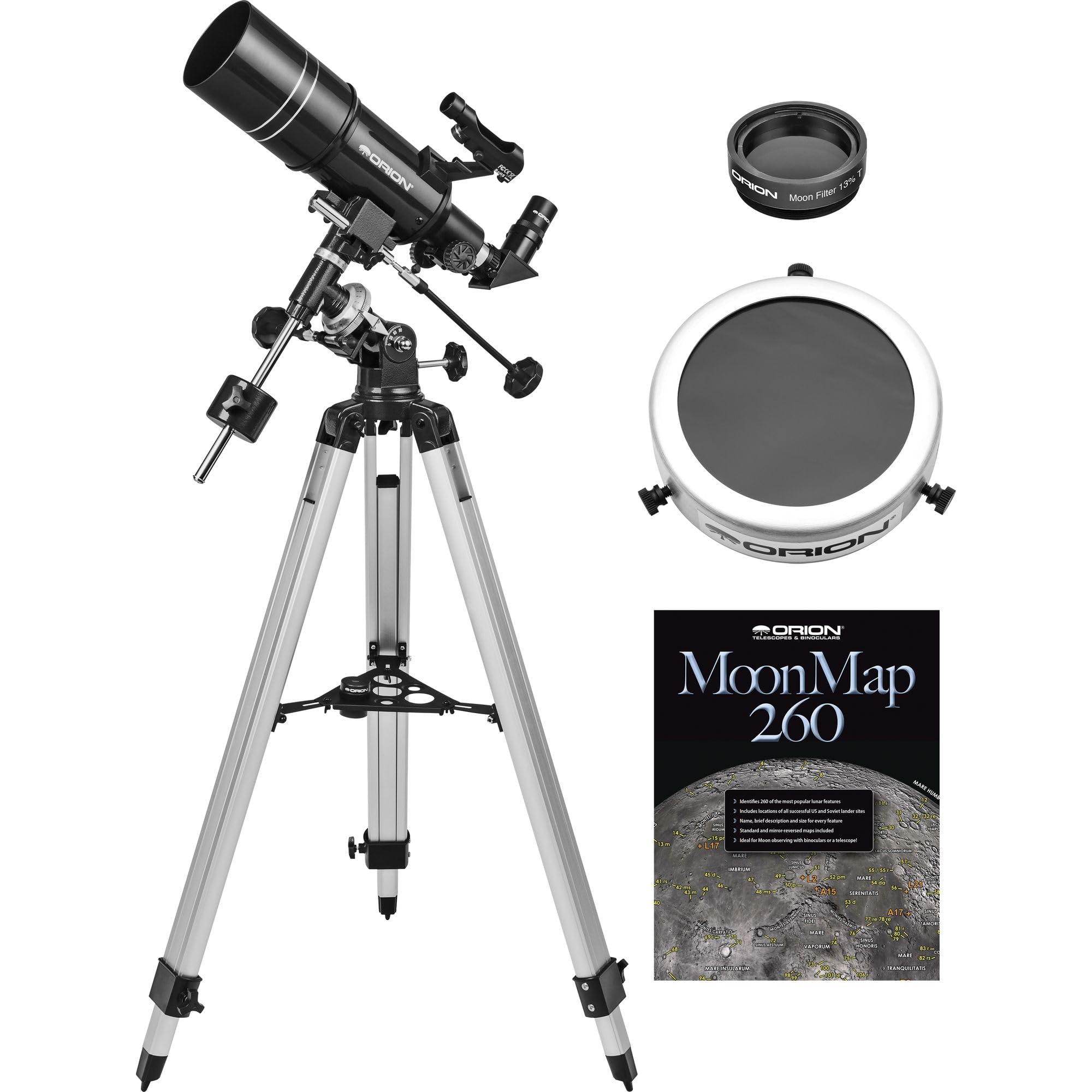 Orion Observer 80ST EQ Refractor Sun and Moon Kit with Solar (Sun) Filter and Moon Filter