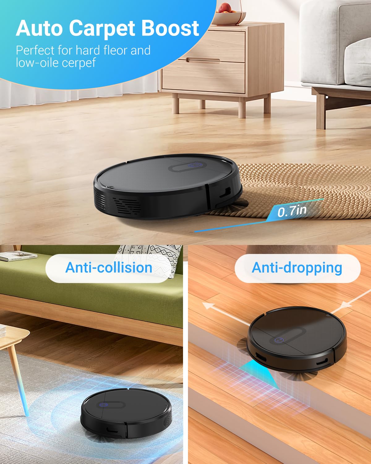 DOITION L100 Robot Vacuum Cleaner with Smart Navigation, 2500 Pa Suction, Powerful Robotic Vacuum for Pet Hair, Hard Floor, Carpet, Auto-Recharge, APP Control, Voice Control