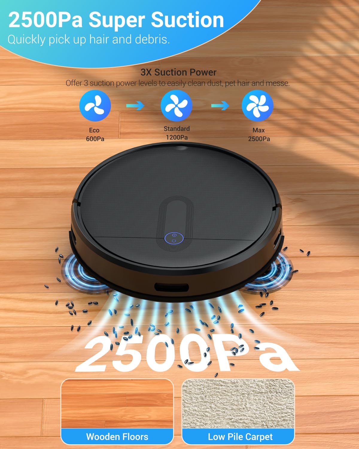 DOITION L100 Robot Vacuum Cleaner with Smart Navigation, 2500 Pa Suction, Powerful Robotic Vacuum for Pet Hair, Hard Floor, Carpet, Auto-Recharge, APP Control, Voice Control