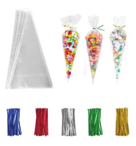 cone shaped cellophane treat bags, 6.3"x11.8" cello clear plastic cone shaped goodie bags with multicolor twist ties, cone bags triangle bags for candy, popcorn favor, treats