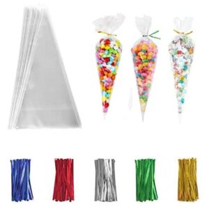 Cone Shaped Cellophane Treat Bags, 6.3"x11.8" Cello Clear Plastic Cone Shaped Goodie Bags With Multicolor Twist Ties, Cone Bags Triangle Bags For Candy, Popcorn Favor, Treats