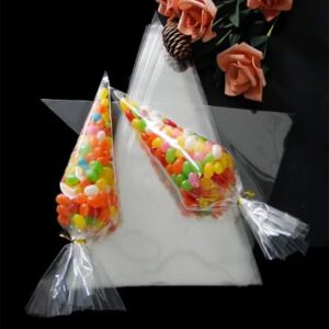 Cone Shaped Cellophane Treat Bags, 6.3"x11.8" Cello Clear Plastic Cone Shaped Goodie Bags With Multicolor Twist Ties, Cone Bags Triangle Bags For Candy, Popcorn Favor, Treats