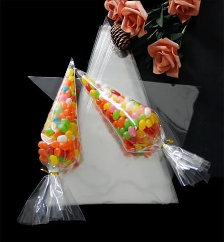 Cone Shaped Cellophane Treat Bags, 6.3"x11.8" Cello Clear Plastic Cone Shaped Goodie Bags With Multicolor Twist Ties, Cone Bags Triangle Bags For Candy, Popcorn Favor, Treats