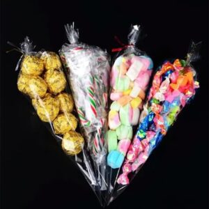 Cone Shaped Cellophane Treat Bags, 6.3"x11.8" Cello Clear Plastic Cone Shaped Goodie Bags With Multicolor Twist Ties, Cone Bags Triangle Bags For Candy, Popcorn Favor, Treats