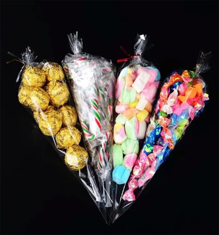 Cone Shaped Cellophane Treat Bags, 6.3"x11.8" Cello Clear Plastic Cone Shaped Goodie Bags With Multicolor Twist Ties, Cone Bags Triangle Bags For Candy, Popcorn Favor, Treats