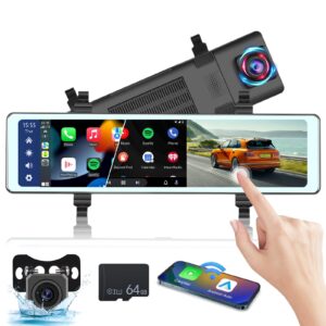 nhopeew 11.26 inch rear view mirror camera with carplay and android auto - mirror dash cam front and rear - fm transmitter/bluetooth/split screen/voice control/loop recording + 64gb tf card