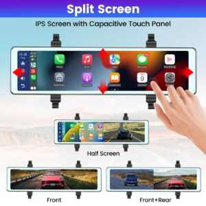 NHOPEEW 11.26 inch Rear View Mirror Camera with Carplay and Android Auto - Mirror Dash Cam Front and Rear - FM Transmitter/Bluetooth/Split Screen/Voice Control/Loop Recording + 64GB TF Card