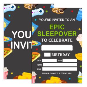 sleepover birthday invitations for boys with envelopes, invites for birthday party video game, slumber birthday party invitations cards, you're invited to an epic sleepover party, 4"x6" set of 20