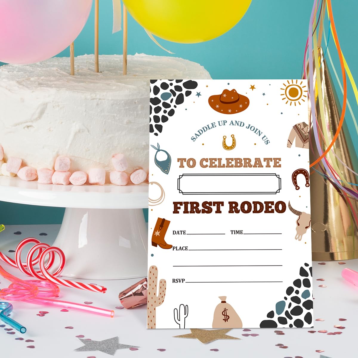 UDNADKEX First Cowboy Birthday Invitations with Envelopes, Invites for 1st Birthday Party Country Western, Wild West Birthday Party Invitations Cards, First Rodeo, 4"x6" Set of 20