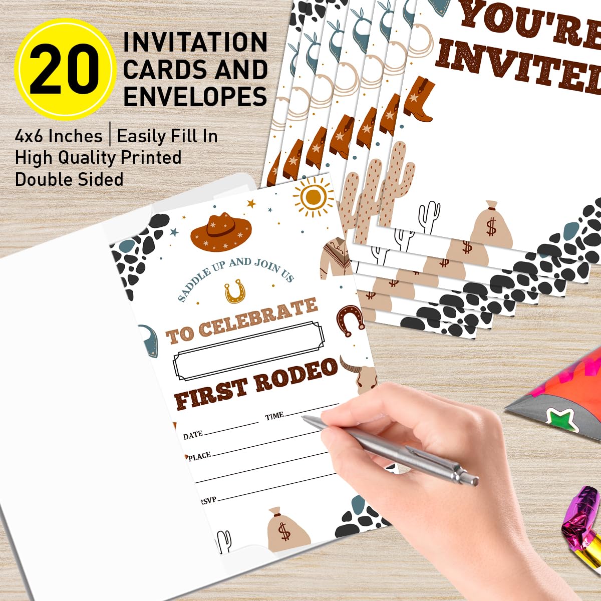 UDNADKEX First Cowboy Birthday Invitations with Envelopes, Invites for 1st Birthday Party Country Western, Wild West Birthday Party Invitations Cards, First Rodeo, 4"x6" Set of 20