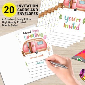 UDNADKEX Camping Birthday Invitations for Girls with Envelopes, Invites for Birthday Party Happy Camper, Glamping Camp Party Birthday Invitations Cards, Calling All Happy Campers, 4"x6" Set of 20