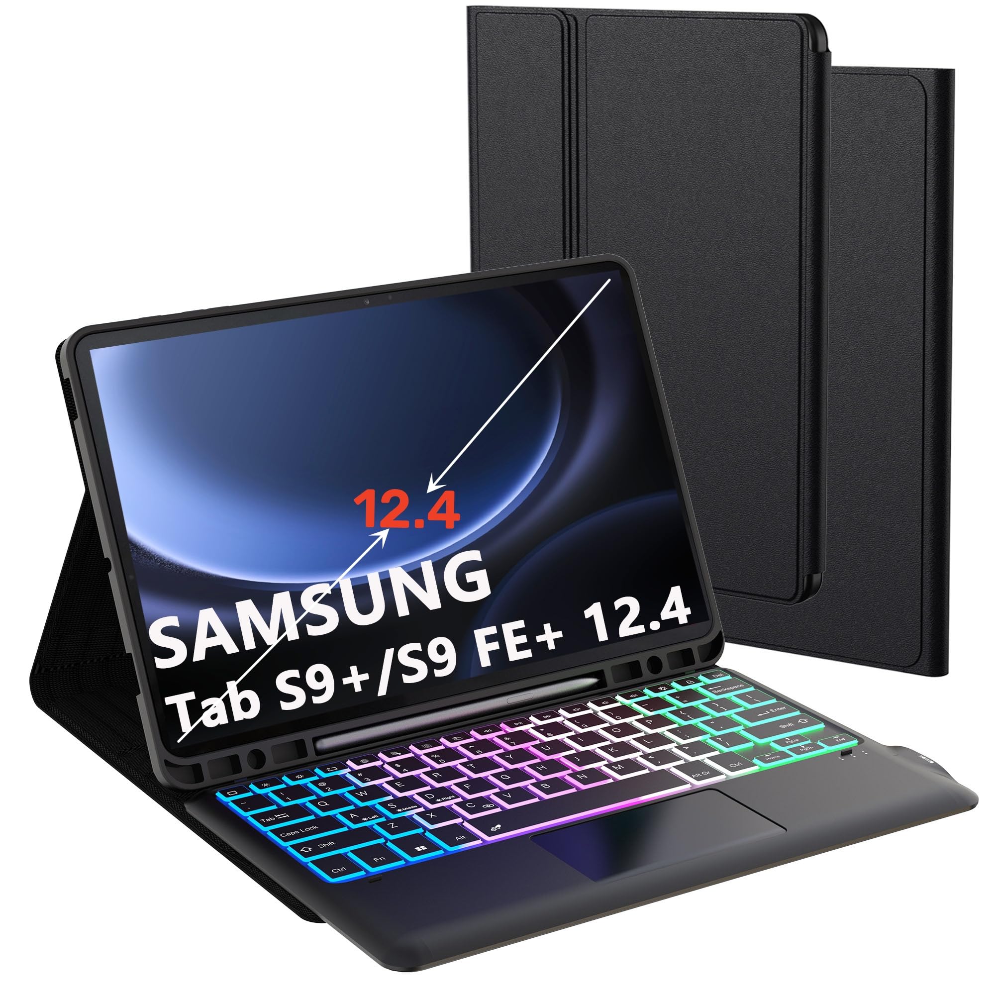 for Samsung Galaxy Tab S9 FE+/S9+ 12.4" Keyboard Case: 3 Zone 7 Colors Backlit Trackpad Keyboard for 12.4 inch Galaxy Tab S9 Plus/S9 FE Plus - Detachable Smart Touchpad Keyboard Folio Tablet Cover