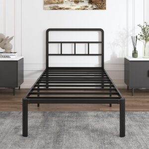 Riwanca 14 Inch Twin Size Bed Frames with Headboard, Heavy Duty Metal Platform Bed Frame Rounded Corners, No Box Spring Needed Mattress Foundation, Noise Free, Black