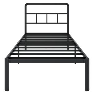 Riwanca 14 Inch Twin Size Bed Frames with Headboard, Heavy Duty Metal Platform Bed Frame Rounded Corners, No Box Spring Needed Mattress Foundation, Noise Free, Black