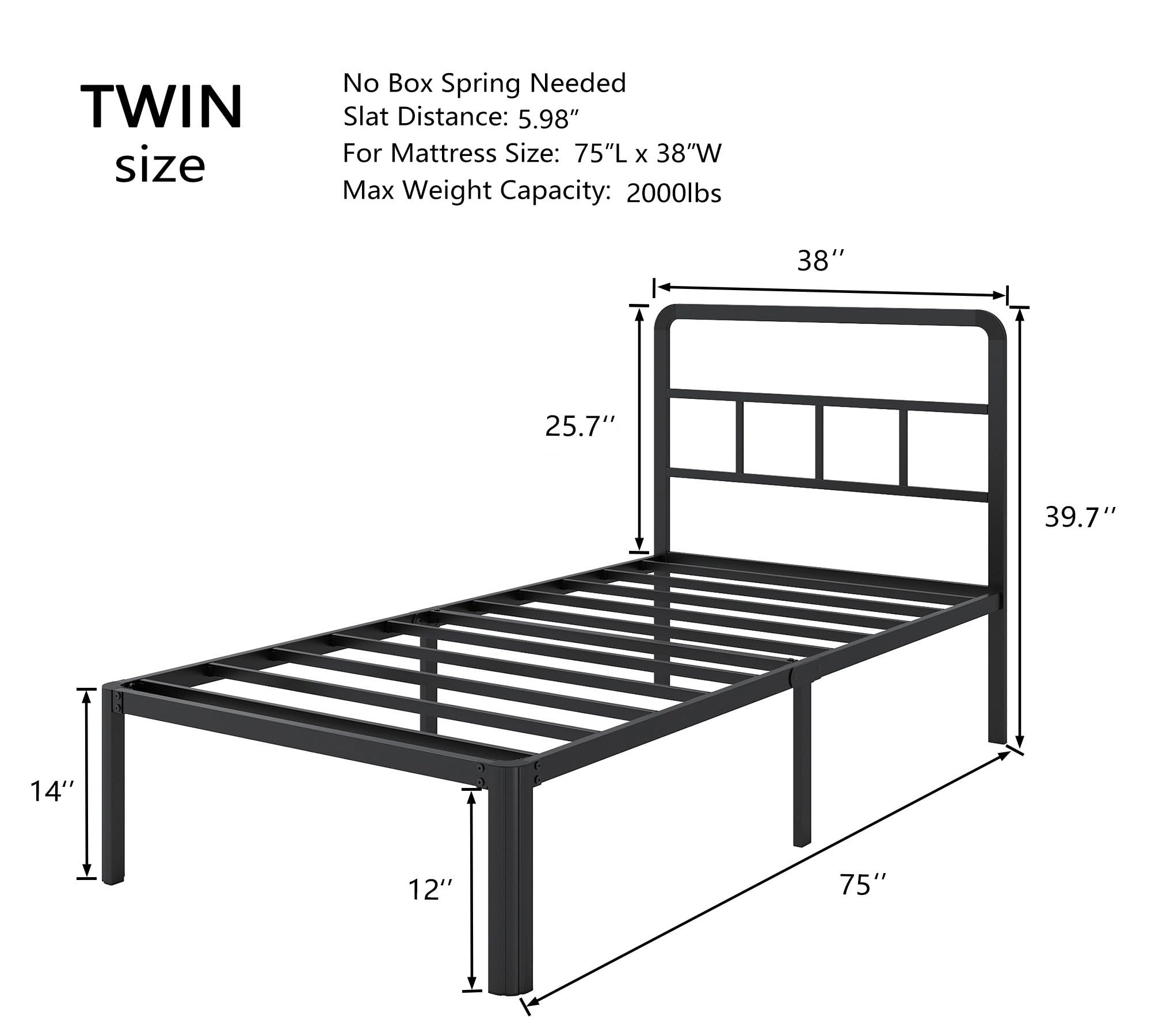 Riwanca 14 Inch Twin Size Bed Frames with Headboard, Heavy Duty Metal Platform Bed Frame Rounded Corners, No Box Spring Needed Mattress Foundation, Noise Free, Black