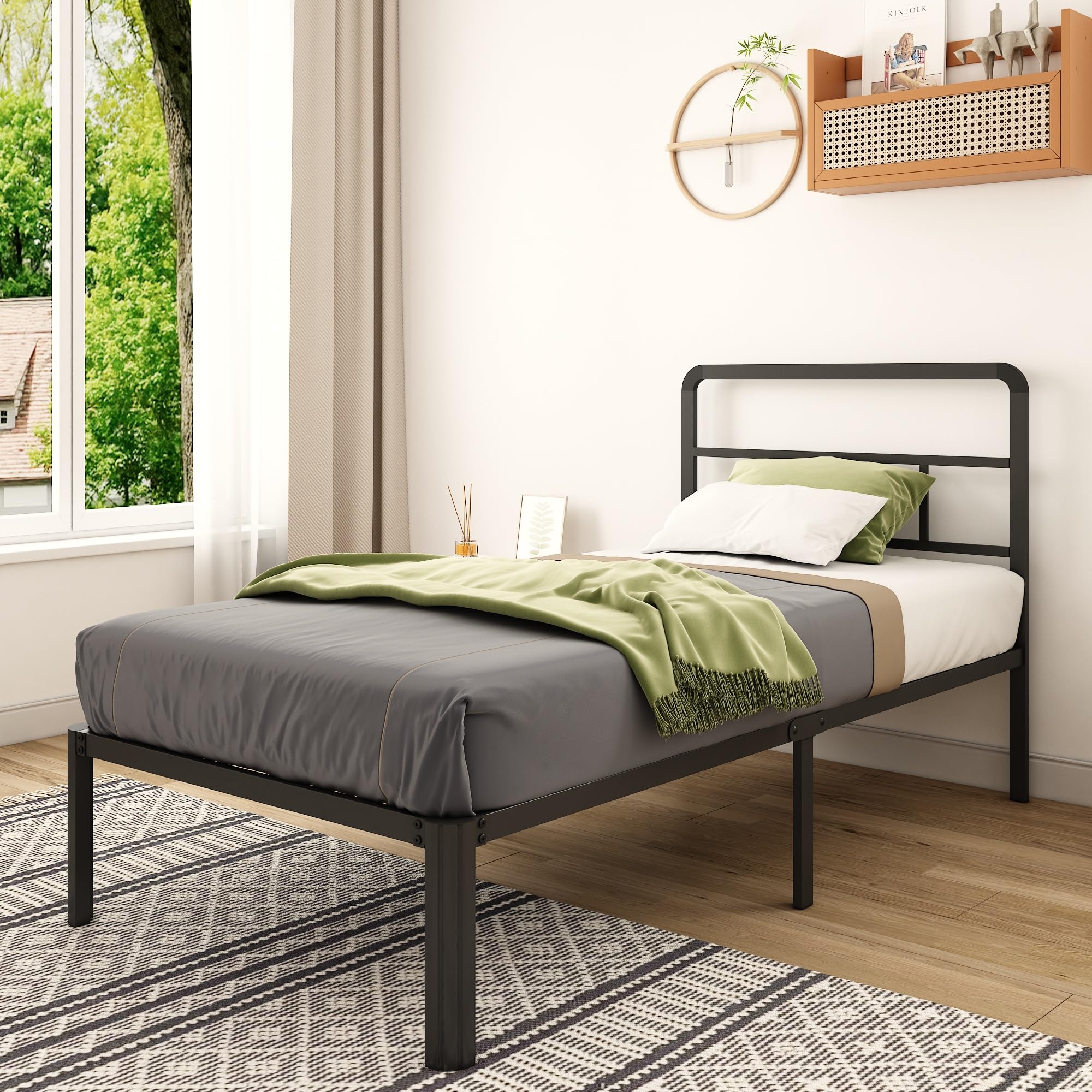 Riwanca 14 Inch Twin Size Bed Frames with Headboard, Heavy Duty Metal Platform Bed Frame Rounded Corners, No Box Spring Needed Mattress Foundation, Noise Free, Black