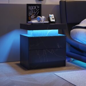 DobleCliCli LED Nightstands, Bedside Table with 2 Drawers, Modern Bedroom Furniture with Changing RGB Light & Remote for Bedroom and Living Room, Black Marble Pattern