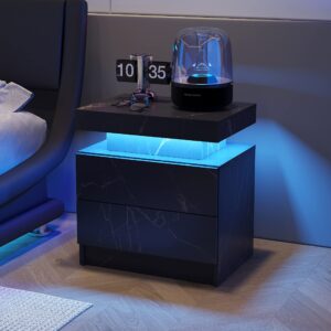 DobleCliCli LED Nightstands, Bedside Table with 2 Drawers, Modern Bedroom Furniture with Changing RGB Light & Remote for Bedroom and Living Room, Black Marble Pattern