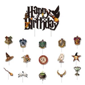 16pcs wizard happy birthday cake topper, magical school theme glitter black cupcake topper, personalized baby shower cake topper boys kids birthday anniversary theme party cake decorations supplies