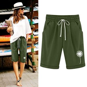 cooki Bermuda Shorts for Women Knee Length High Waisted Summer Lightweight Cotton Shorts Elastic Waist Shorts with Pockets Knee Length Shorts Women Bermuda Shorts for Women High Waisted Army Green