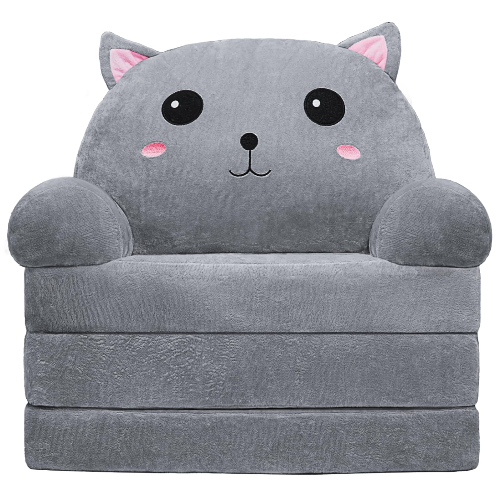 Toddler Chair Kids Sofa - Toddler Sofa Kids Couch Fold Out, 2 in 1 Flip Out Couch and Mini Sofa for Girls and Boys, Baby Couch for 1-4 Year Olds - Cute and Comfy Baby Sofa (Gray Cat)