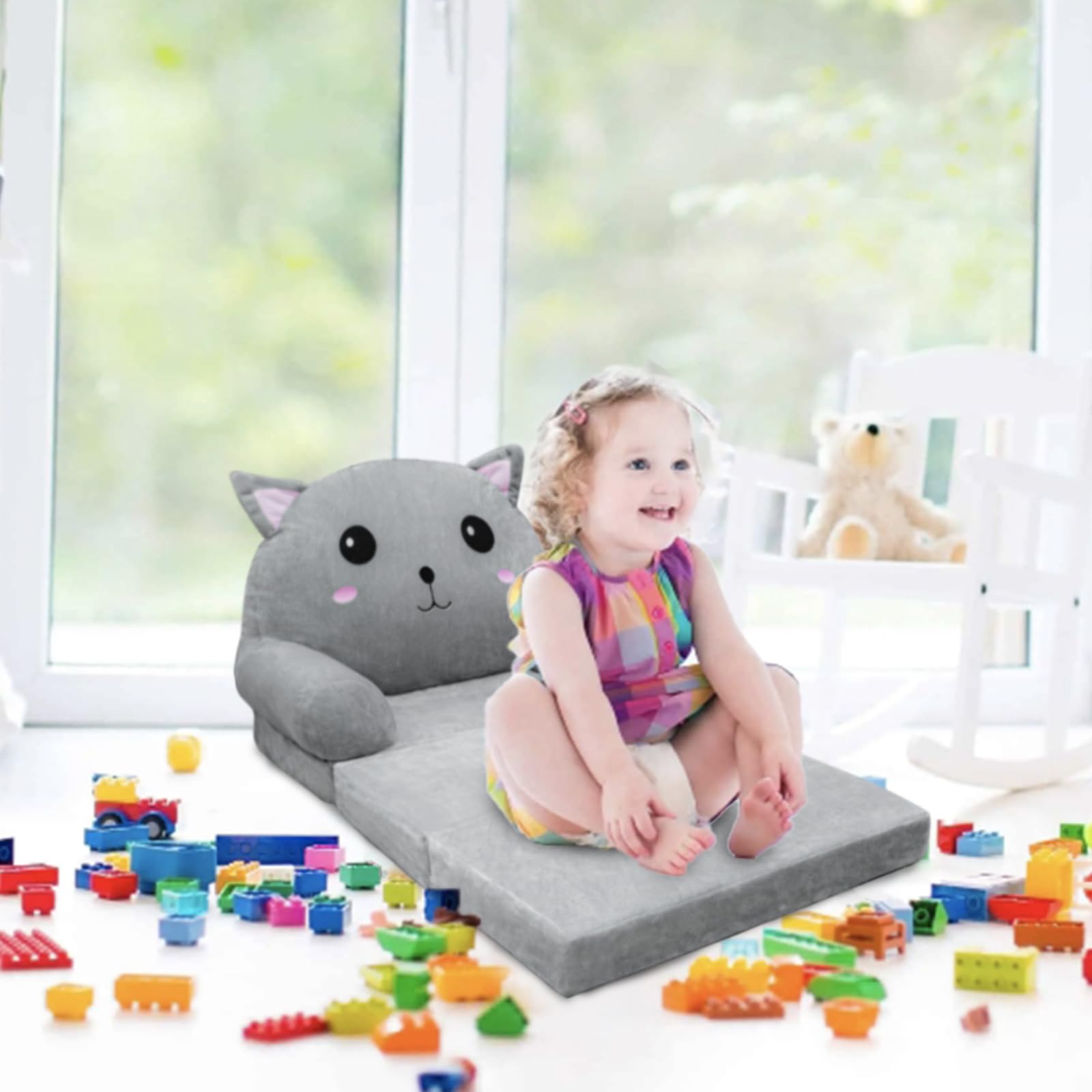 Toddler Chair Kids Sofa - Toddler Sofa Kids Couch Fold Out, 2 in 1 Flip Out Couch and Mini Sofa for Girls and Boys, Baby Couch for 1-4 Year Olds - Cute and Comfy Baby Sofa (Gray Cat)