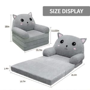 Toddler Chair Kids Sofa - Toddler Sofa Kids Couch Fold Out, 2 in 1 Flip Out Couch and Mini Sofa for Girls and Boys, Baby Couch for 1-4 Year Olds - Cute and Comfy Baby Sofa (Gray Cat)