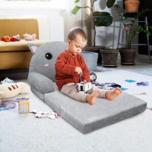 Toddler Chair Kids Sofa - Toddler Sofa Kids Couch Fold Out, 2 in 1 Flip Out Couch and Mini Sofa for Girls and Boys, Baby Couch for 1-4 Year Olds - Cute and Comfy Baby Sofa (Gray Cat)