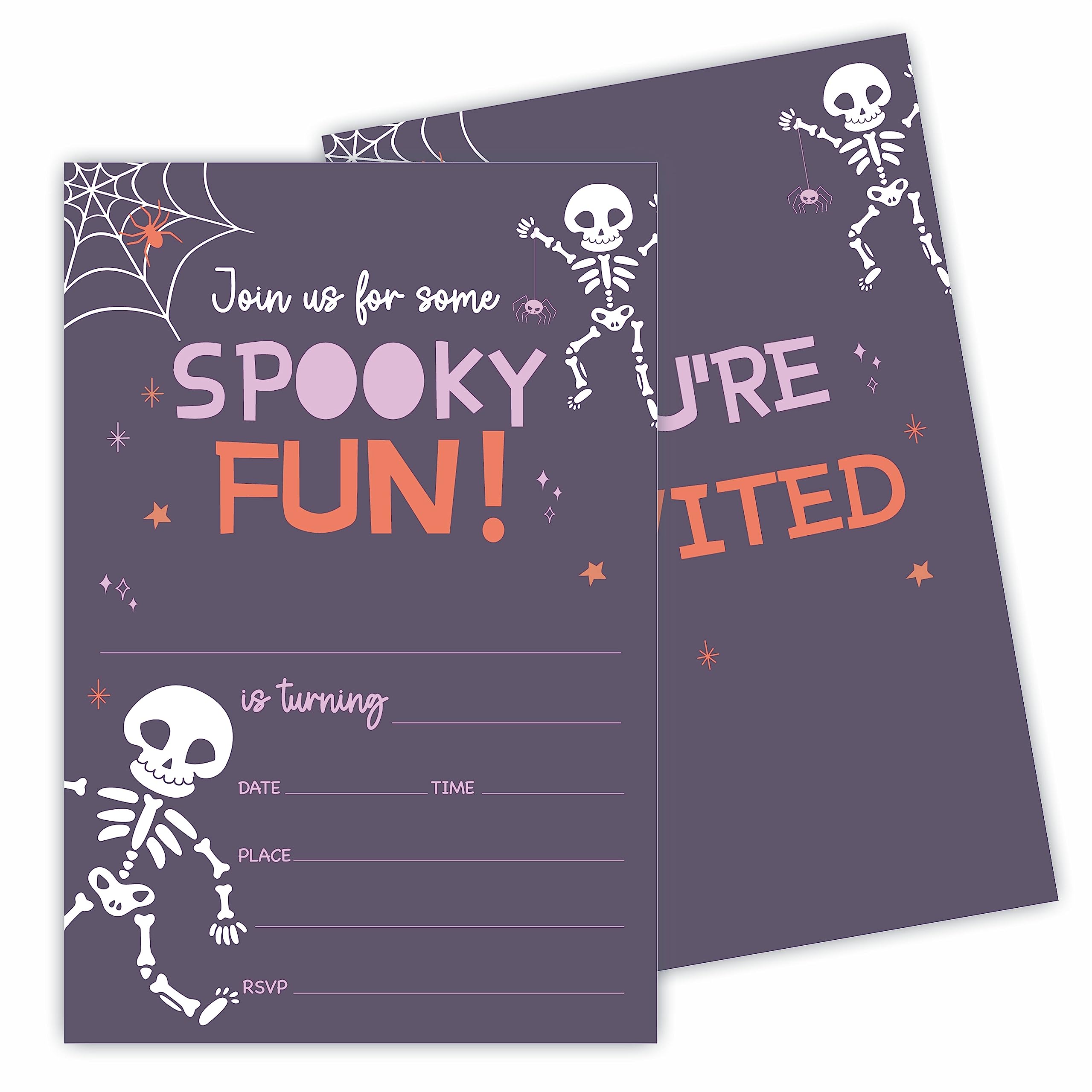 Halloween Birthday Invitations - Cobweb & Skull, Spooky Fun! - 20 Invitation Cards With Envelopes, Double-Sided Invites For Boy & Girls, Teens, Birthday Party Favor, Decorations & Supplies - 01