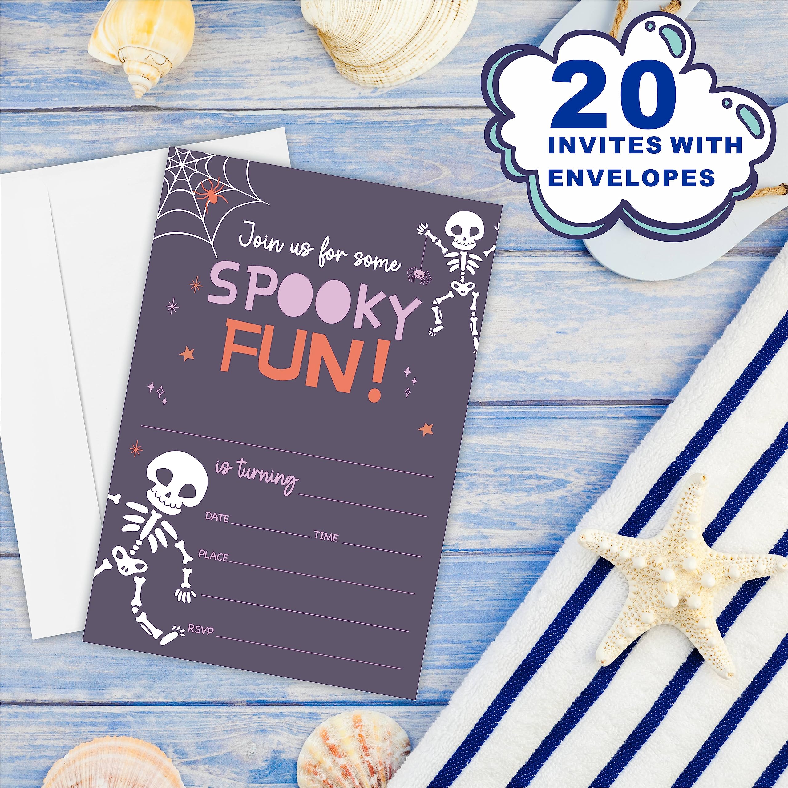 Halloween Birthday Invitations - Cobweb & Skull, Spooky Fun! - 20 Invitation Cards With Envelopes, Double-Sided Invites For Boy & Girls, Teens, Birthday Party Favor, Decorations & Supplies - 01