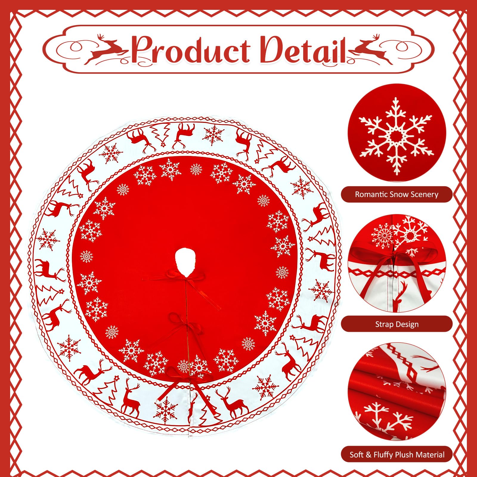 OurWarm Christmas Tree Skirt 36 Inch, Small Xmas Tree Skirts with Snowflake and Reindeer Pattern, Red and White Tree Mat for Christmas Winter Holiday Indoor Decorations