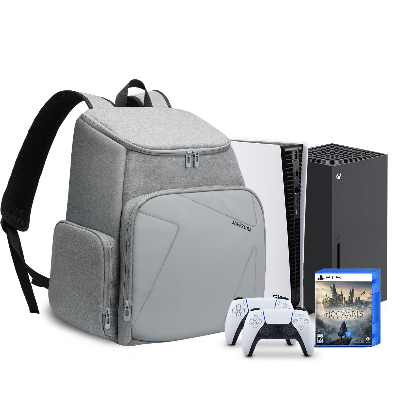 Jaffzora Game Console Backpack Compatible with PS5/PS4/PS4 Pro/PS4 Slim/Xbox One/Xbox One X/Xbox One S, Travel Bag fits for 15.6" Laptop and Gaming Accessories, Portable Console Carrying Case, Grey