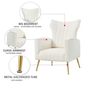 FATFISH Modern Velvet Accent Chair with Arms, Wingback Reading Chair with Gold Metal Legs, Comfy Upholstered Single Leisure Sofa for Living Room Bedroom Club(Velvet+White)