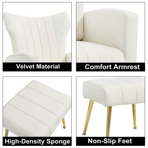 FATFISH Modern Velvet Accent Chair with Arms, Wingback Reading Chair with Gold Metal Legs, Comfy Upholstered Single Leisure Sofa for Living Room Bedroom Club(Velvet+White)