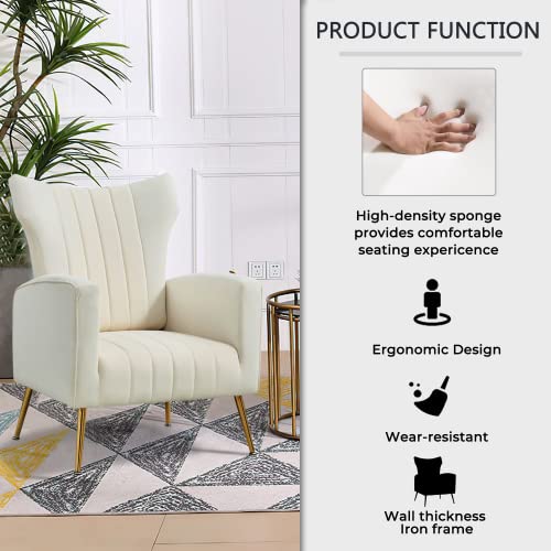 FATFISH Modern Velvet Accent Chair with Arms, Wingback Reading Chair with Gold Metal Legs, Comfy Upholstered Single Leisure Sofa for Living Room Bedroom Club(Velvet+White)