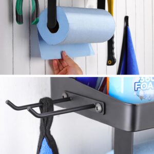 YIGII Garage Paper Towel Holder with Shelf - Wall Mount Paper Towel Holder with 4 Hooks, Single-Hand Tear Paper Towel Rack Heavy Duty Tissue Holder for Clean Station, Craft Room, Workbench (Black)