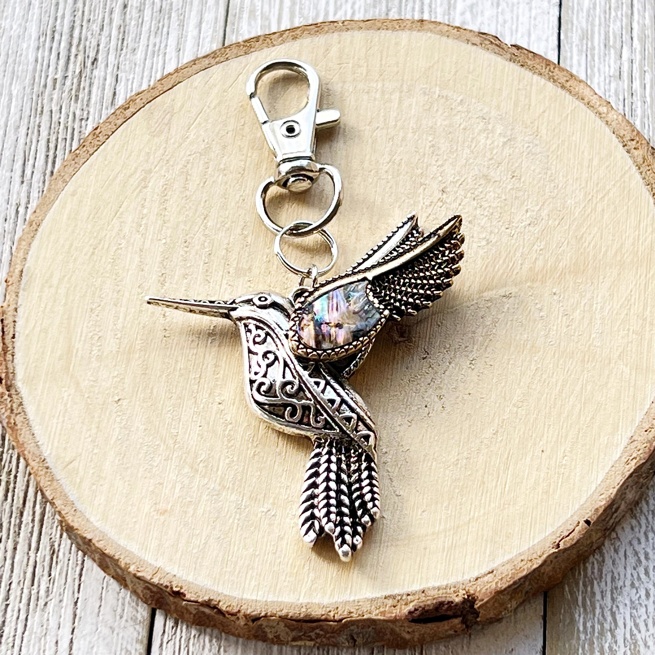 Hummingbird Zipper Pull Charm for Purses, Cute Abalone Bird Backpack Charms, Unique Custom Handbag Jewelry, Personalized Zipper Charms, Camera Bag Charms, Cool Keychain Charm