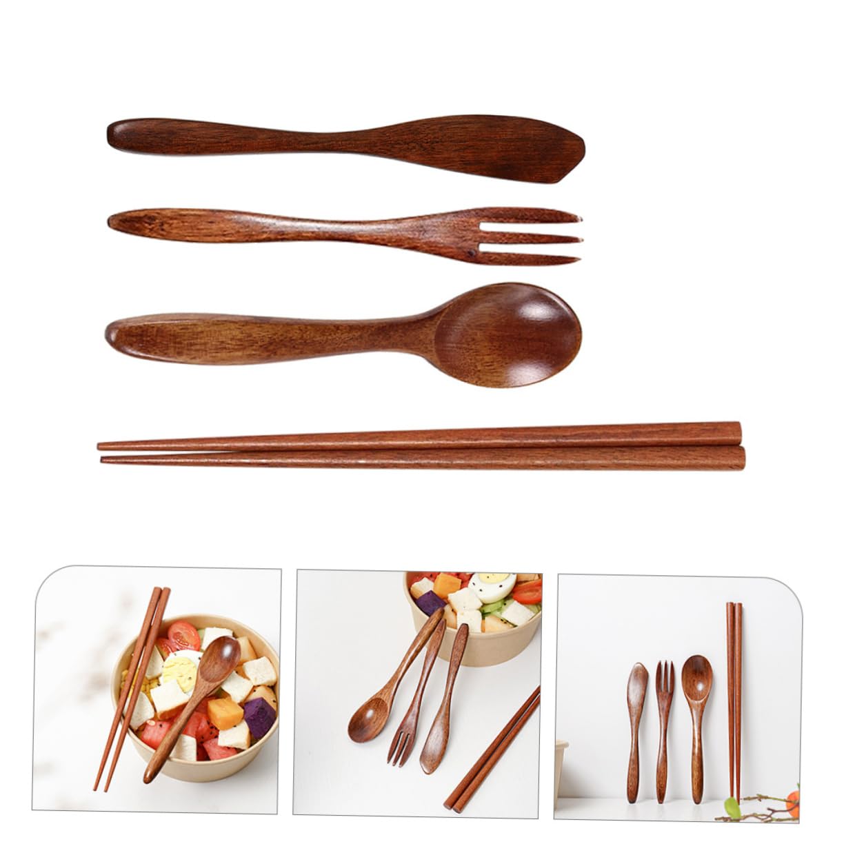 3 Sets Spoon Fork Chopsticks Wooden Spoons for Eating Wooden Flatware Wood Chopsticks Wooden Tableware Wooden Silverware Wood Dinnerware Wooden Fork Wood Spoon Wood Fork