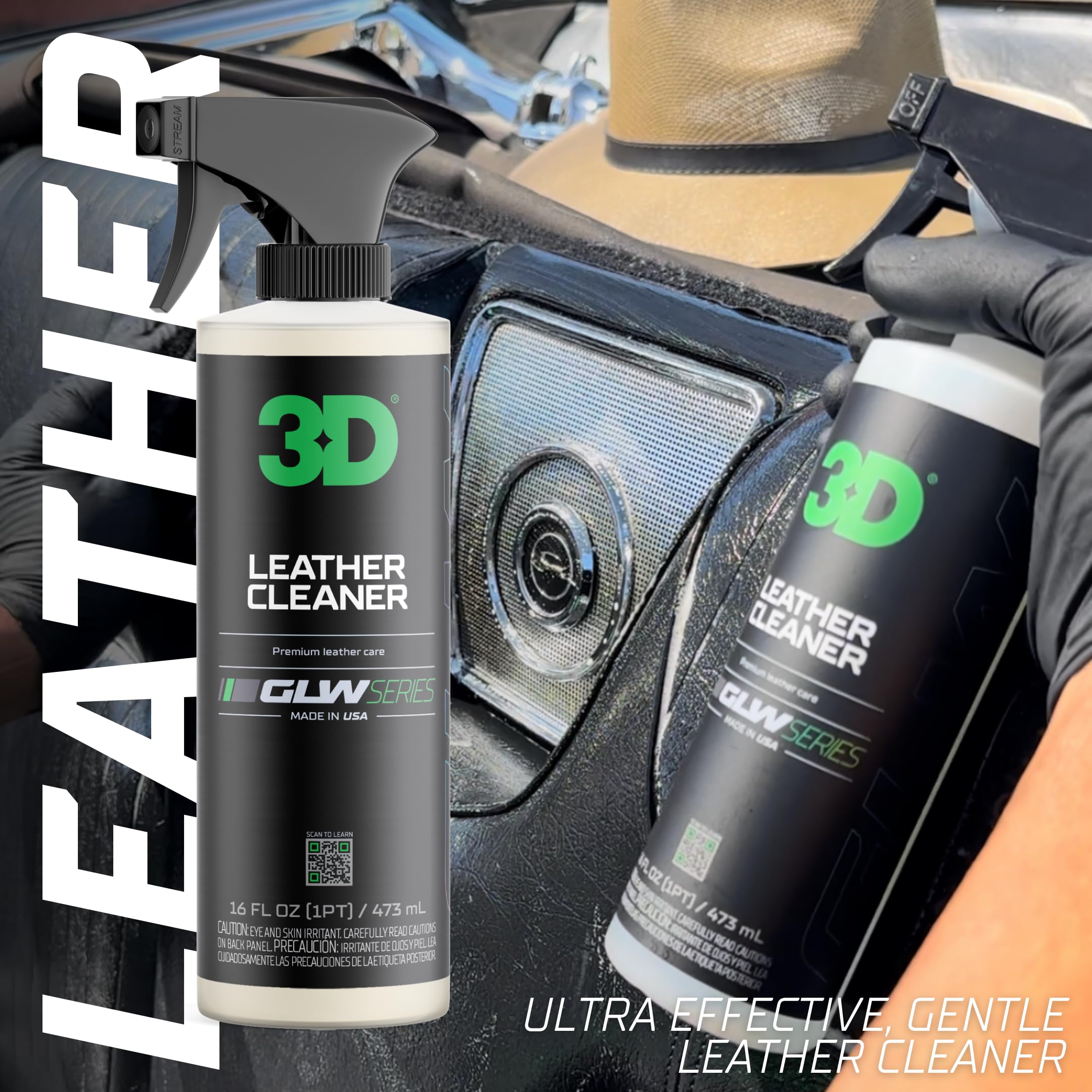 3D Leather Cleaner for Car, GLW Series | Ultimate Deep Cleaning | Removes Dirt, Grease, Body Oils | DIY Car Detailing | Versatile Cleaner for All Leather Goods | 16 oz