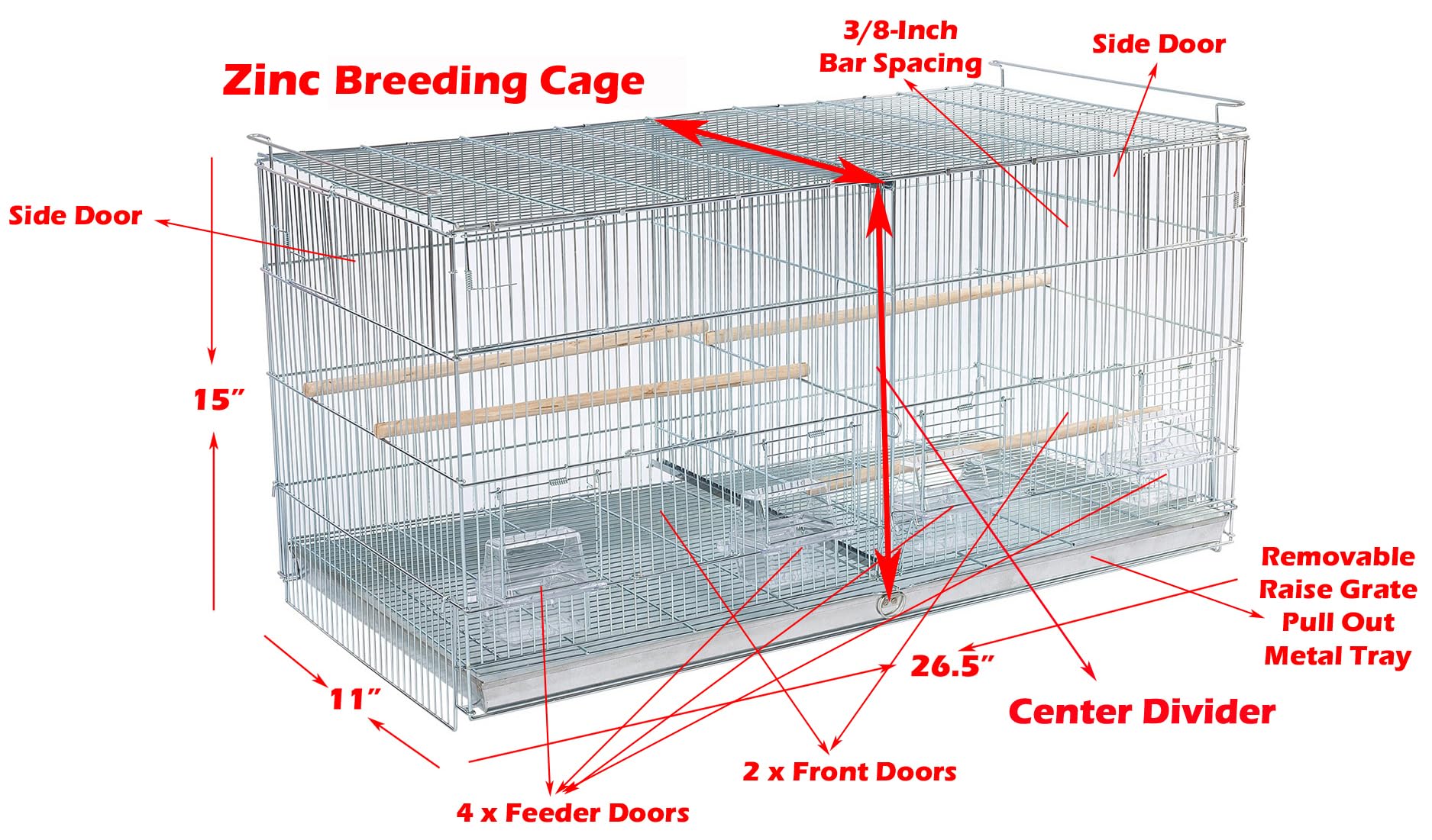 LOT of Galvanized Zinc Plated Stackable Breeder Bird Flight Cage with Removable Center Divider and Breeding Nest Doors (Galvanized Zinc, 26.5"x11"x15"H Lot of 4)