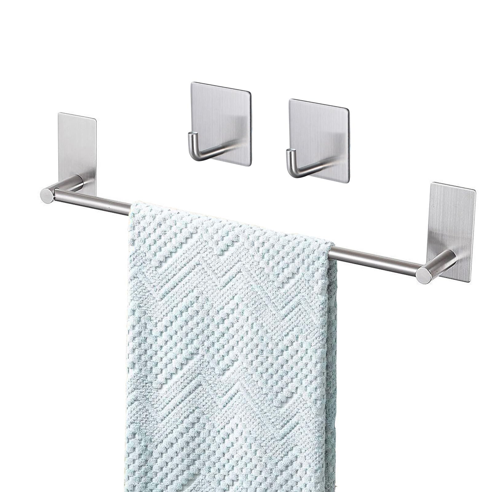 Songtec Bath Towel Bar 16-inch & 2 Hooks, Strong Adhesive Stick On Towel Rack, Hand Towel Holders, No Drilling on Wall - Brushed Nickel