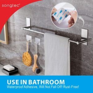 Songtec Bath Towel Bar 16-inch & 2 Hooks, Strong Adhesive Stick On Towel Rack, Hand Towel Holders, No Drilling on Wall - Brushed Nickel