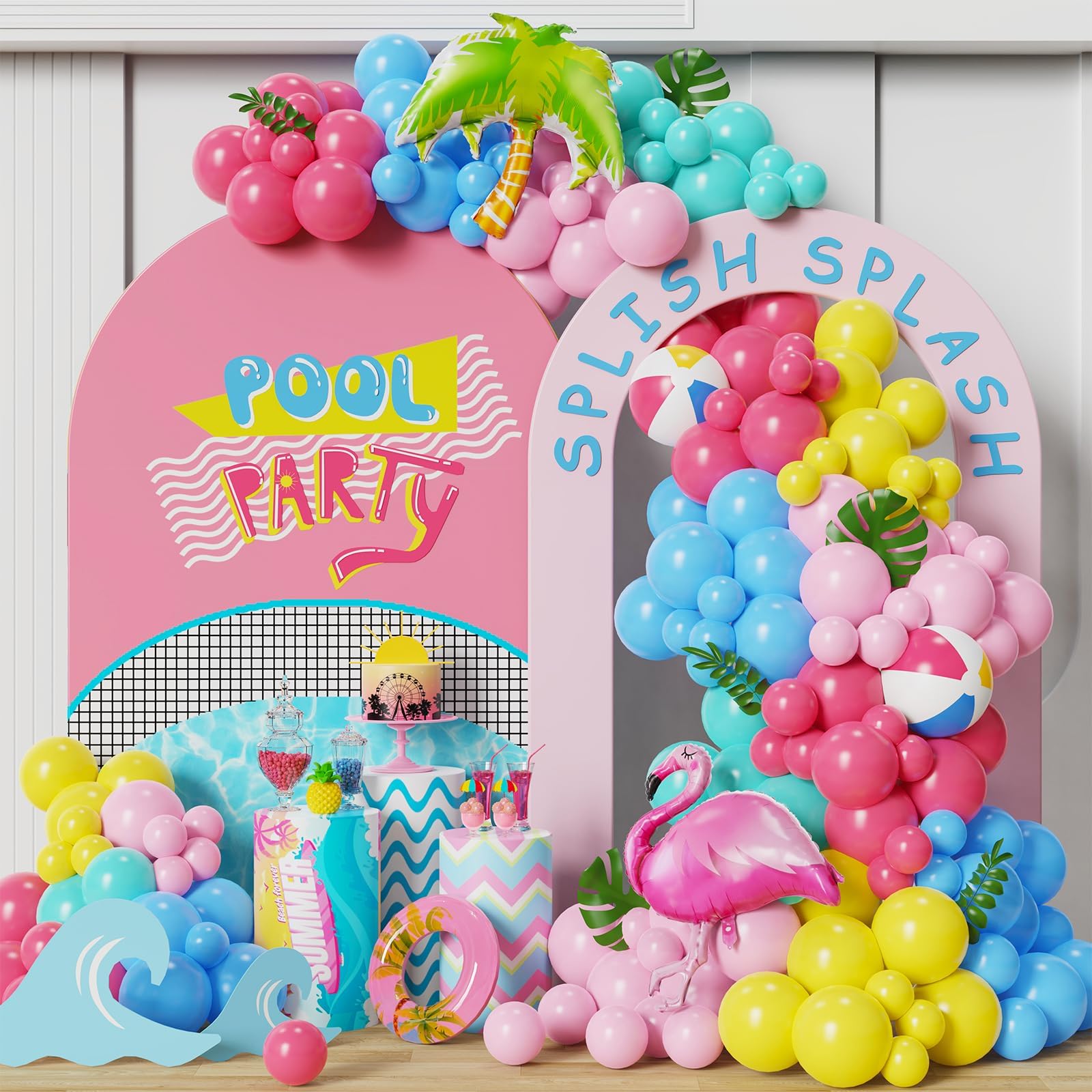 Hawaiian Pool Party Decoration 154pcs Tropical Flamingo Balloon Garland Arch Kit with Beach Ball for Swimming Slide Water Luau Tropical Pool Beach Theme Splish Splash Birthday Bash Party Decoration