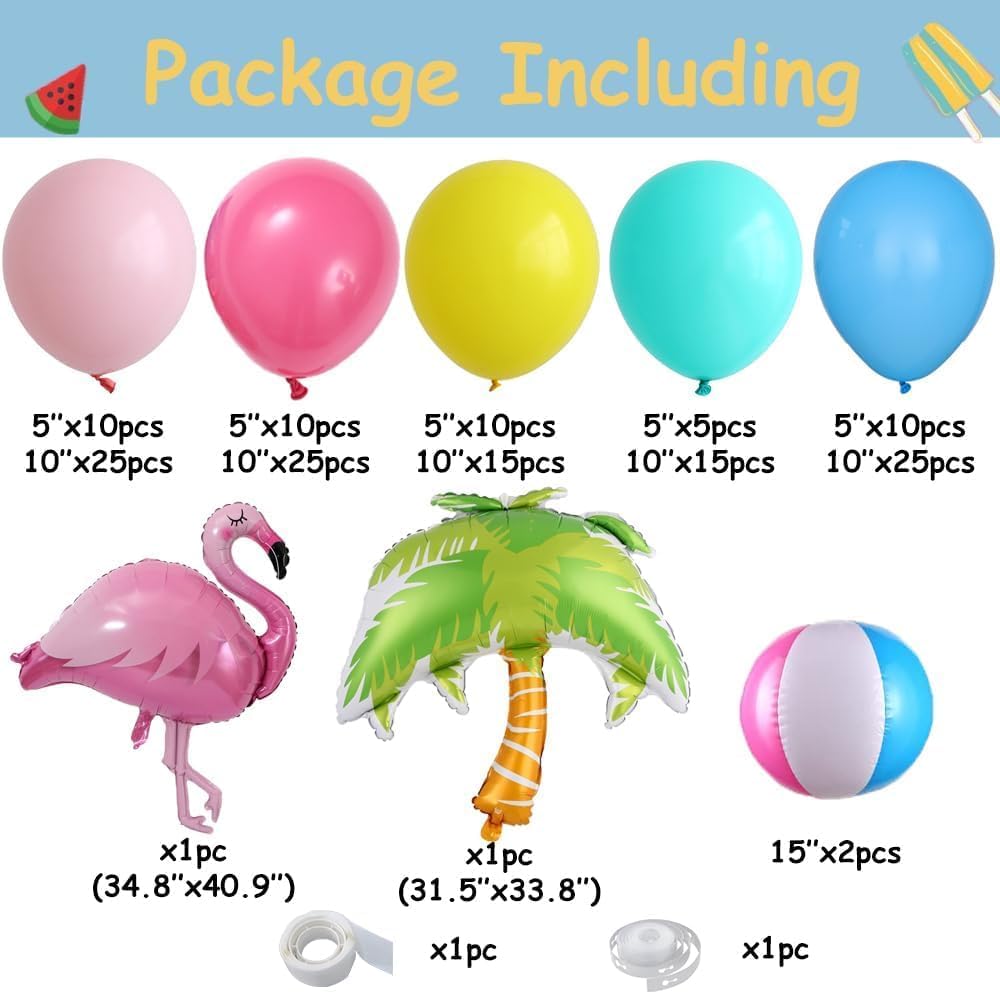 Hawaiian Pool Party Decoration 154pcs Tropical Flamingo Balloon Garland Arch Kit with Beach Ball for Swimming Slide Water Luau Tropical Pool Beach Theme Splish Splash Birthday Bash Party Decoration