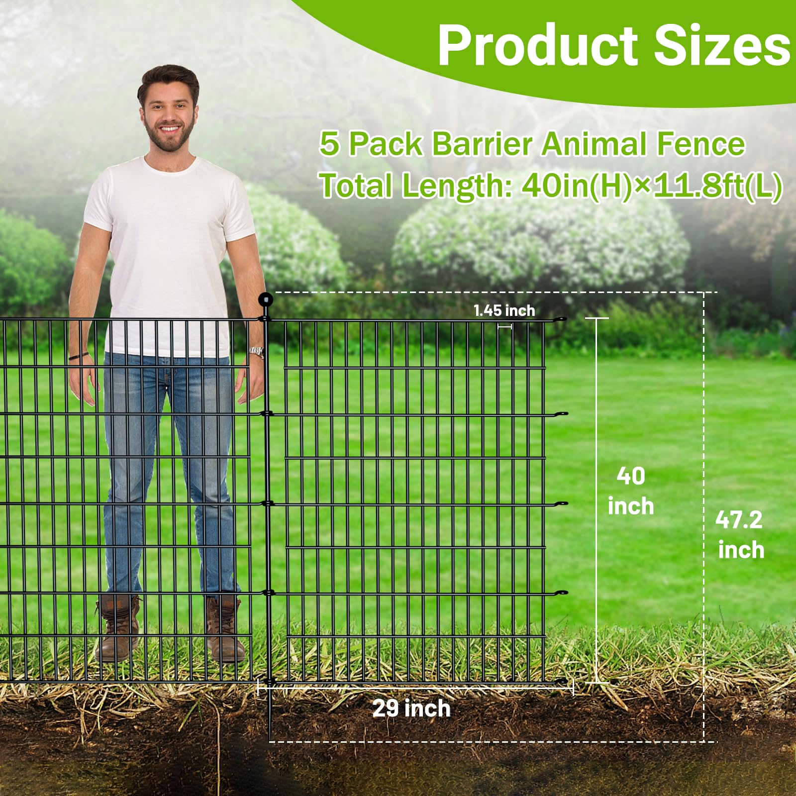 5 Panels No Dig Decorative Outdoor Garden Fence for Yard, 40 in(H) X 11.8 ft(L) Animal Barrier Fencing Rustproof Metal Wire Panel Border for Dog, Rabbits, and Patio Temporary Ground Stakes