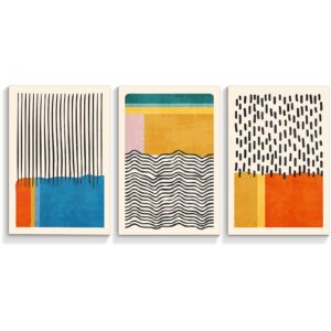 adyggefy abstract color blocks geometric canvas wall art - 3 piece colorful minimalist line print poster - modern contemporary minimal linear painting decor for living room bedroom 12x16in unframed