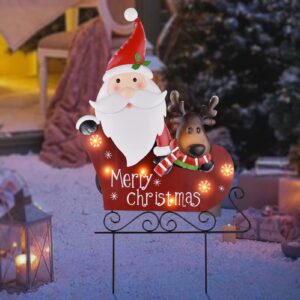 LIGHTSHINE Solar Christmas Metal Decorations, Santa Claus and Reindeer on The Sleigh, Solar Christmas Yard Stakes, Outdoor Christmas Decor with Led Lights(2 Lighting Modes) for Porch, Lawn and Garden.